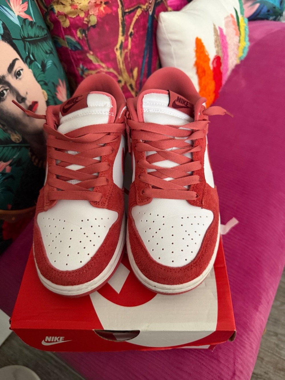 Nike Dunk Low Red and White Suede Sneakers with Burgundy Swoosh - Picture 5 of 10